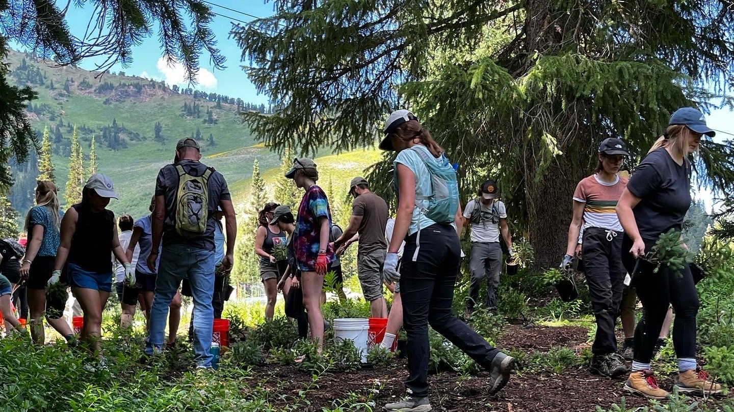 Volunteers hiking at alta ski resort